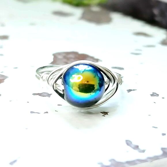 Holographic Glass Beaded Ring, Rainbow Ring, Wire Wrapped, Size 7 - Picture 1 of 2